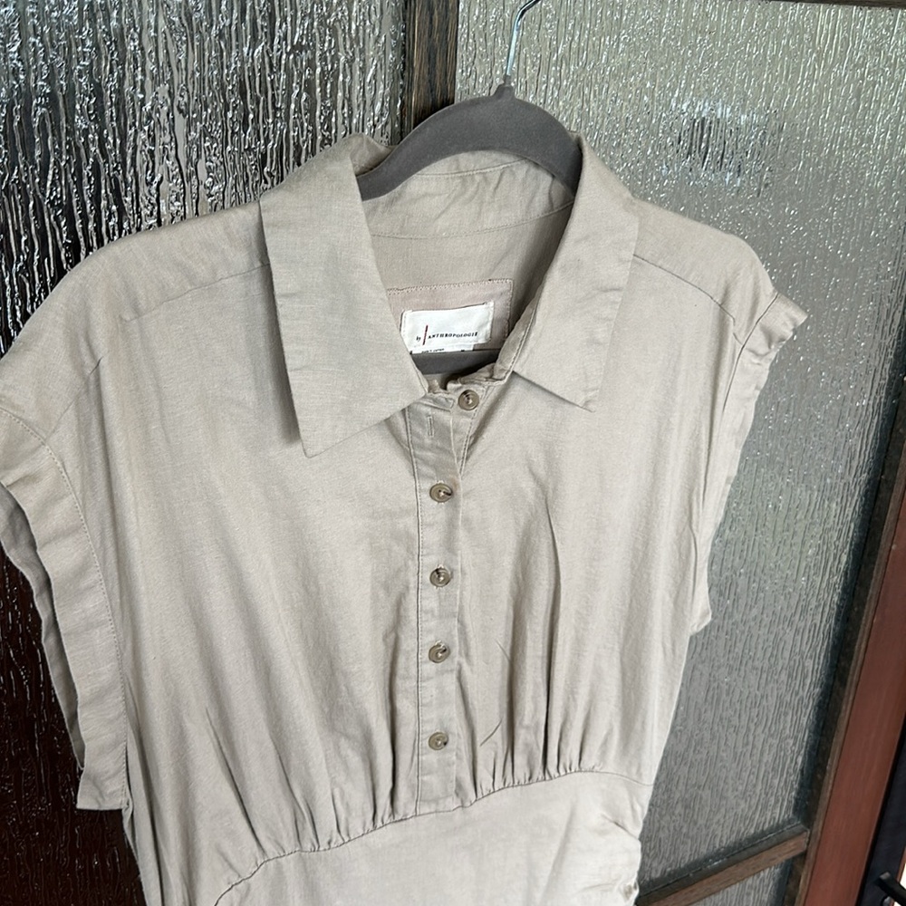 Anthropologie Tan Ruched Maxi Dress with Mandarin Collar size Mefium - Picture 10 of 12